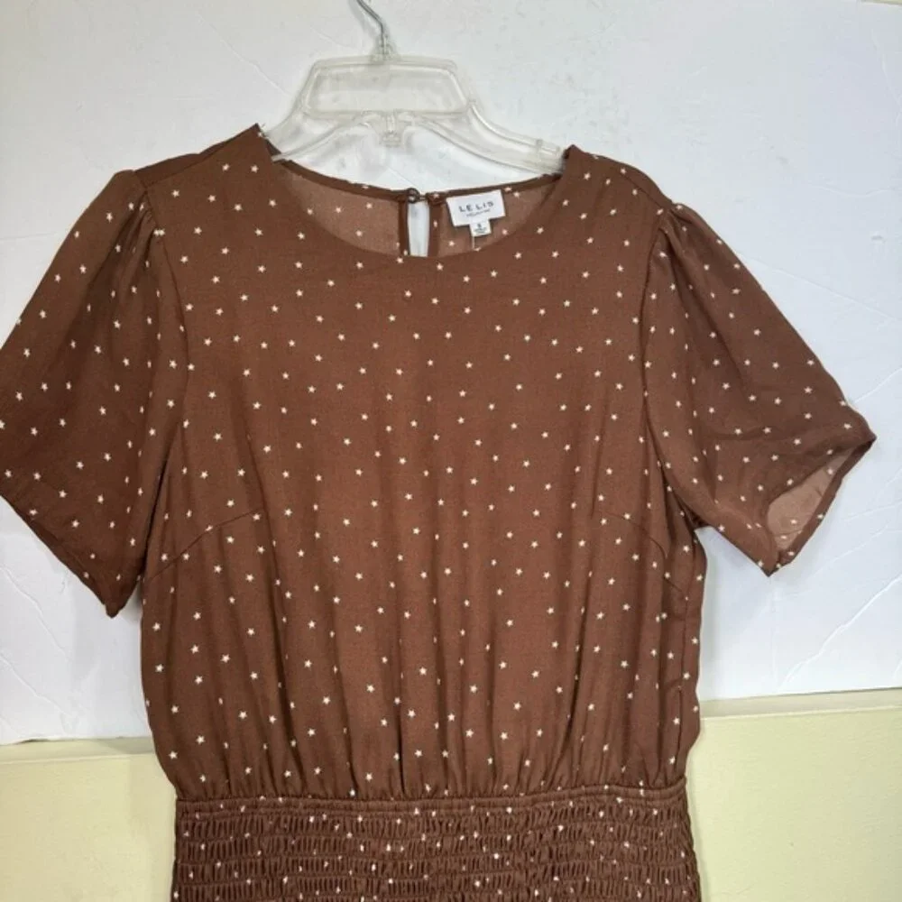 Le Lis Star Print Smocked Dress Lightweight Crew Fitted Stretch Ruffle Hem Top S - Picture 5 of 16